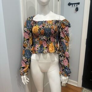 Floral Smocked Off-Shoulder Long Sleeve Top - Pink, Yellow, Blue
